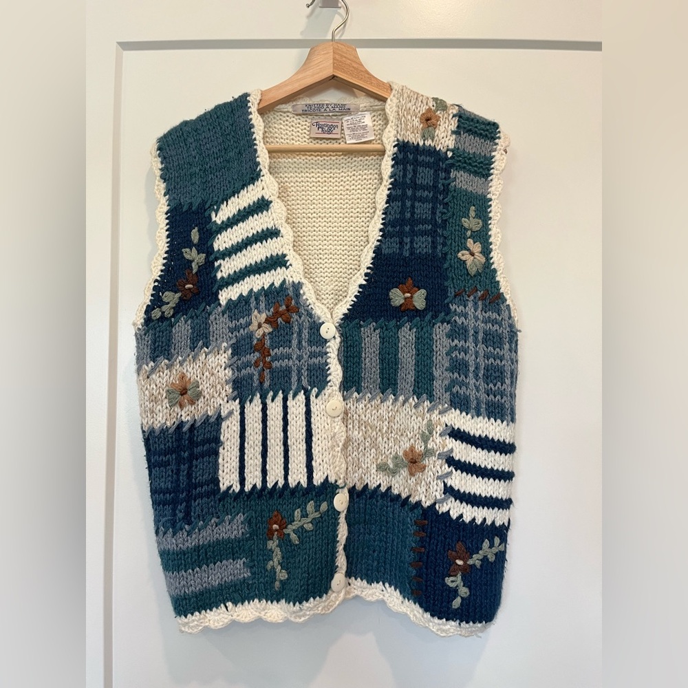 Huntington Ridge handknit Sweater Vest Floral Granny Cottage Vintage 90s XL